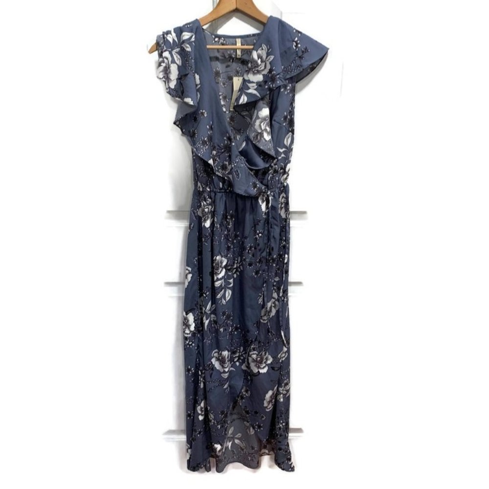 Japna Maxi Dress Blue floral faux wrap XS NEW